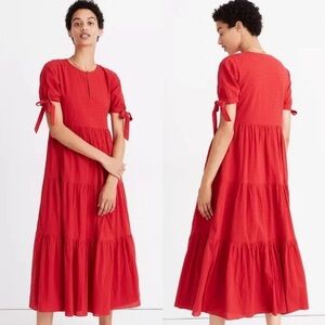 Madewell Vibrant Red Midi Dress with Tie Sleeves
